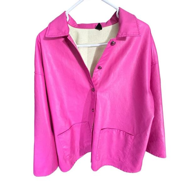 5 for $25 CLEAROUT! Bright Pink Barbiecore Faux Leather Button Up Jacket Size L - Picture 6 of 14